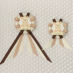 Mommy to be ribbon corsage for baby shower PLUS mini corsage add ons - gender neutral - cream, tan, brown - mama bear - teddy bear