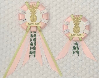 Mommy to be ribbon corsage for baby shower PLUS mini corsage add ons - it's a girl -  pink, green - tropical - pineapple - palm leaves