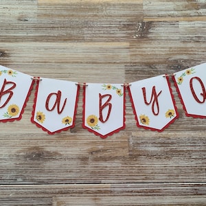 BabyQ Banner für Babyparty - rot, weiß, gelb, rot glitter - Sonnenblume - bbq baby shower