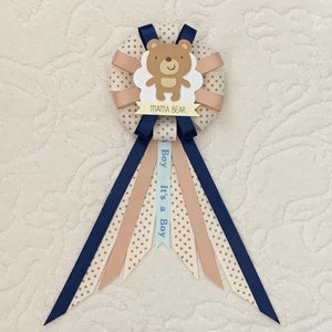 Mommy to be ribbon corsage for baby shower - it&#39;s a boy - teddy bear - cream, tan, navy - mama bear
