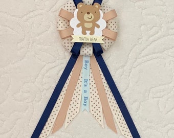 Mommy to be ribbon corsage for baby shower - it's a boy - teddy bear - cream, tan, navy - mama bear