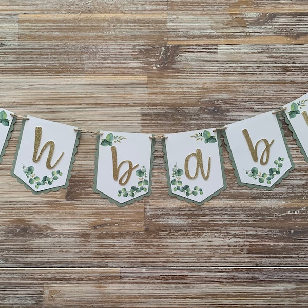 Sage Oh Baby banner for baby shower - sage green, white, gold - eucalyptus leaves - sage green baby shower