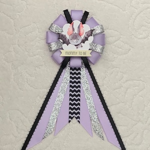 Mommy to be ribbon corsage for baby shower - gender neutral - purple, silver, black - halloween baby - bat