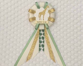 Mommy to be ribbon corsage for baby shower - cream, green, gold - palm leaves - jungle animals - giraffe