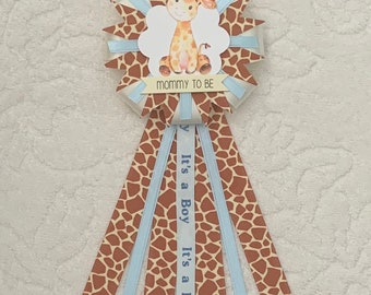 Mommy to be ribbon corsage for baby shower - it's a boy - cream, blue, giraffe print - jungle animals - zoo animals - giraffe