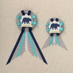 Mommy to be ribbon corsage for baby shower PLUS mini corsage add ons - it&#39;s a boy - adventure awaits - gray, aqua, navy- mama bear