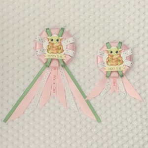 Mommy to be ribbon corsage for baby shower PLUS mini corsage add ons - it’s a girl - pink, white, sage green - the child