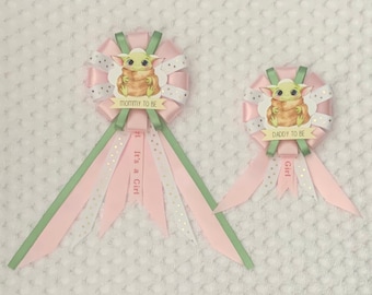 Mommy to be ribbon corsage for baby shower PLUS mini corsage add ons - it’s a girl - pink, white, sage green - the child