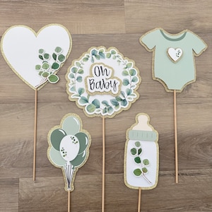 Sage Green Baby Shower Party Props - Set of 5 on sticks - eucalyptus leaves, heart, bottle, onesie - gender neutral - oh baby - gold, white