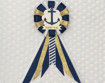 Mommy to be ribbon corsage for baby shower - navy, gold, white - ahoy it’s a boy - nautical baby shower - anchor