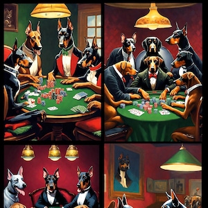 Honden die poker spelen, Franse bulldogs en Doberman-honden kiezen een afbeelding, kiezen deze als kruissteekkaart/fotoprint/opstrijkbare transfer/set van 4