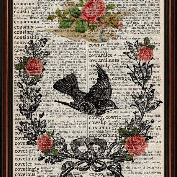 Bird of peace roses  and wreath Mounted/Unmounted Art Print. An original antique, victorian,dictionary book page. vintage