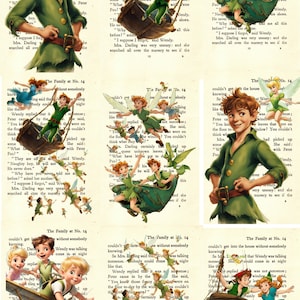 Vintage 1930&#39;s Peter Pan Book Pages, overprinted with characters. Wendy, captain Hook, Tinkerbell, PeterLost Boys. etc, Choose your print