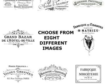 French Vintage Typography Advert shabby chic supplied as iron on transfer, clear or white sticker choice of four images