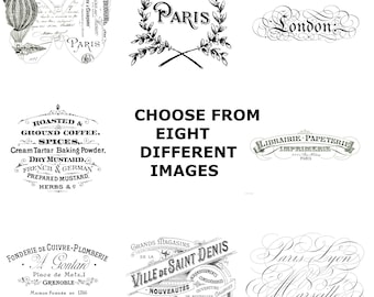 French Vintage Typography Advert shabby chic supplied as  iron on transfer, clear or white sticker choice of 8 images