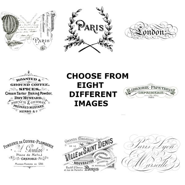 Français vintage typographie annonce shabby chic fourni sous forme de fer sur transfert, autocollant clair ou blanc choix de 8 images