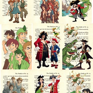 Vintage 1930&#39;s Peter Pan Book Pages, overprinted with Peter pan characters. Wendy, captain Hook, Tinkerbell, Peter Pan, Nana, Lost Boys etc