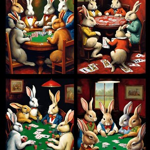Kaninchen spielen Poker, wählen Sie ein Bild und dann entweder eine Kreuzstichvorlage/ einen Fotodruck/ ein Set von A6 Bildern zum Aufbügeln
