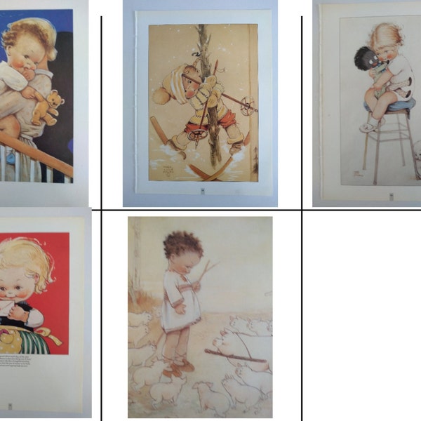 Ex-libris Mabel Lucie Attwell vintage des années 1980. Mignons petits enfants joliment dessinés. Un choix de 5 grands caractères mesurant 29,5 cm x 22 cm