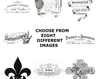 French Vintage Typography Advert shabby chic supplied as iron on transfer, clear or white sticker choice OF 8 images