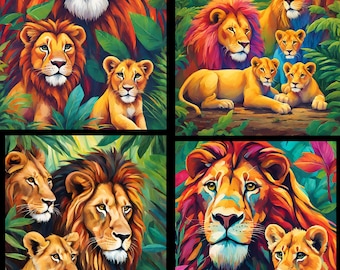 Pride of lions, lion family. choose a picture then choose it as a cross stitch chart/photoprint/iron on transfer/ set of 4 A6