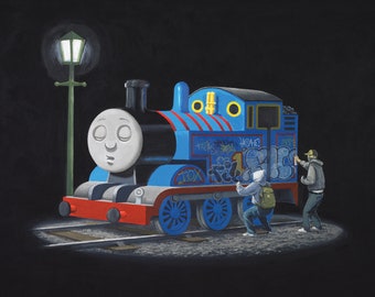 Banksy - Thomas the tank  - choose a  cross stitch pattern  (DMC or ANCHOR)  or photo print -iron on transfer or sticker