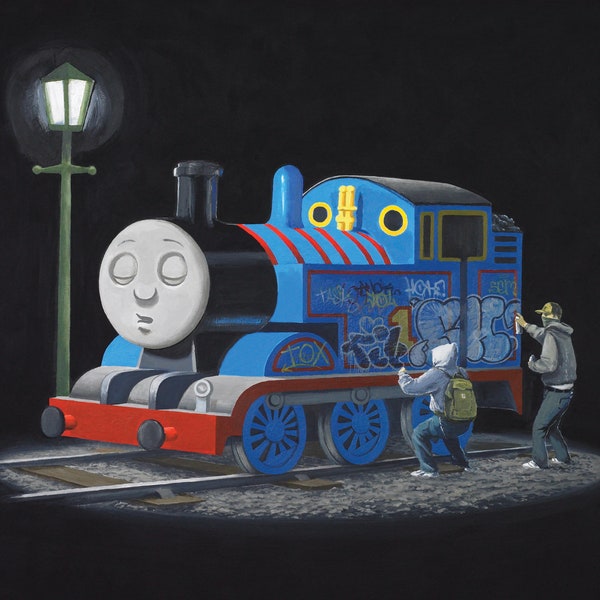 Banksy - Thomas the tank  - choose a  cross stitch pattern  (DMC or ANCHOR)  or photo print -iron on transfer or sticker