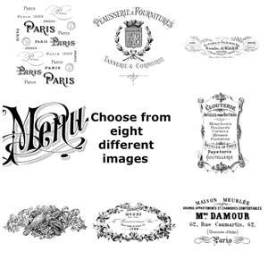 Français vintage Typography Annonce shabby chic fourni comme fer sur le transfert, clair ou blanc autocollant choix de 8 images