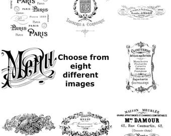 French Vintage Typography Advert shabby chic supplied as iron on transfer, clear or white sticker choice of 8 images