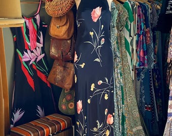90s Black Rose Print Bias Cut Vintage Maxi Dress S
