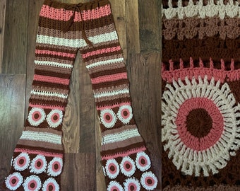 70s Vintage Inspired Brown Cream Salmon Crochet Flares Pants