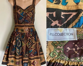 Indian Cotton 2 Pce 80s Vintage Aztec Print Skirt w Top Set