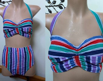 Super groovy 70s Vintage Cotton Striped Halter Bikini Sz S - M