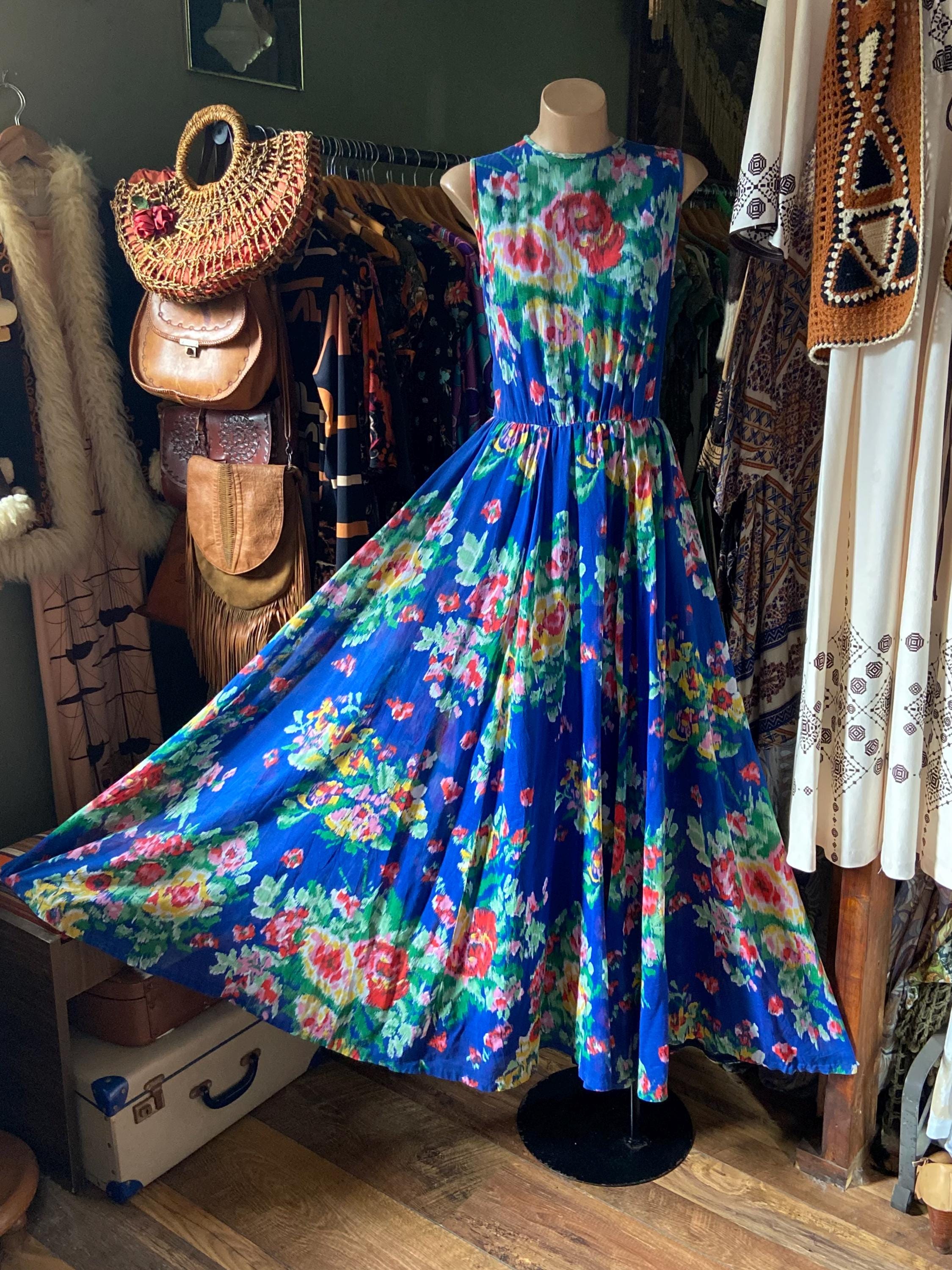 Lanz Original Pure Cotton Royal Blue Abstract Floral Print 70s Vintage Extra Long Maxi Dress S