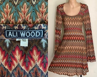 90s Vintage Ali Wood Aztec Print Earthy Flared Long Sleeve Dress