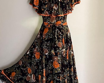 Poppy Print Scharade for Katies Black w Orange 70s Vintage Dress