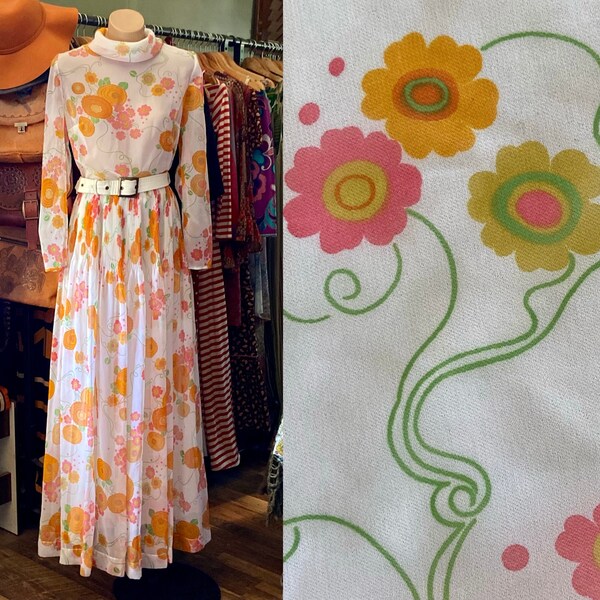 70s Retro Flower Power Long Sleeve Maxi Vintage Dress