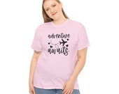 Adventure Awaits T-Shirt, Travel Lover, Great Gift Traveler Black Text, Light Shirt Colors