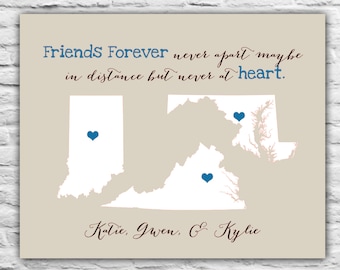 Gifts for Best Friends, Three Best Friends, Best Friend Long Distance, Personalized Maps, 3 Friends, Going Away, Moving Gift, Sisters Print