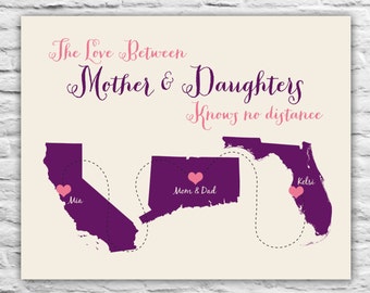 Mother and Daughter Long Distance Print Mother's Day Gift for Mom From Kids Children Personalized Map Love Knows No Distance Quote Heart