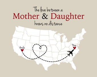 Mother and Daughter Long Distance Print Mother's Day Gift for Mom From Kids Children Personalized Map Love Knows No Distance Quote Heart