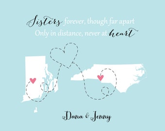 Sisters Birthday Gift, Going Away for Sister, Long Distance Sisters, State Love World Print, Step Sister, Daughter, Present, Long Distance