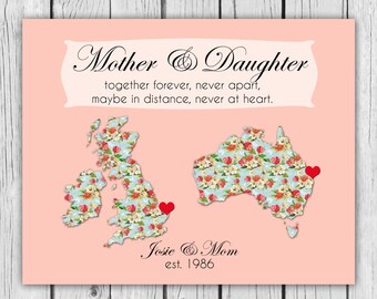 Gift for Mom, Mother's Day Grandma, Long Distance Map Print, from Daughter, Mother and Daughter, Australia Map, United Kingdom, England Map