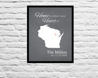 Home is Where the Heart is Anniversary Wedding Gift Housewarming / Unique Family, Sister, Best Friend Personalized Art Print Wisonsin Map