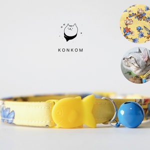 Floral Cat Collar: Bright Yellow, Breakaway Fish Buckle, Handmade Cotton, gift for cat lover