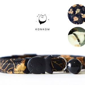 Black Gold Leaf Cat Collar – Elegant Soft Cotton Adjustable Collar with Black Fish Buckle | Handmade Breakaway Collar for Cats & Kittens