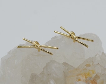 14K solid gold 3D long bow earrings knot bow stud earrings CUTKOTL-SE1028