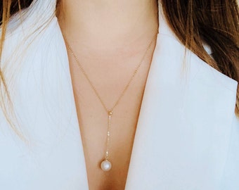 Adjustable 14K solid gold Lariat and Y fresh water pearl drop necklace with adjustable bean PEL-YN1026