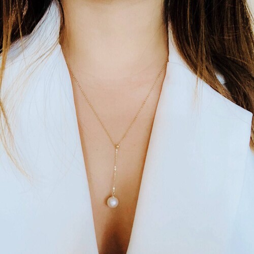 Adjustable 14K Solid Gold Lariat and Y Fresh Water Pearl Drop - Etsy