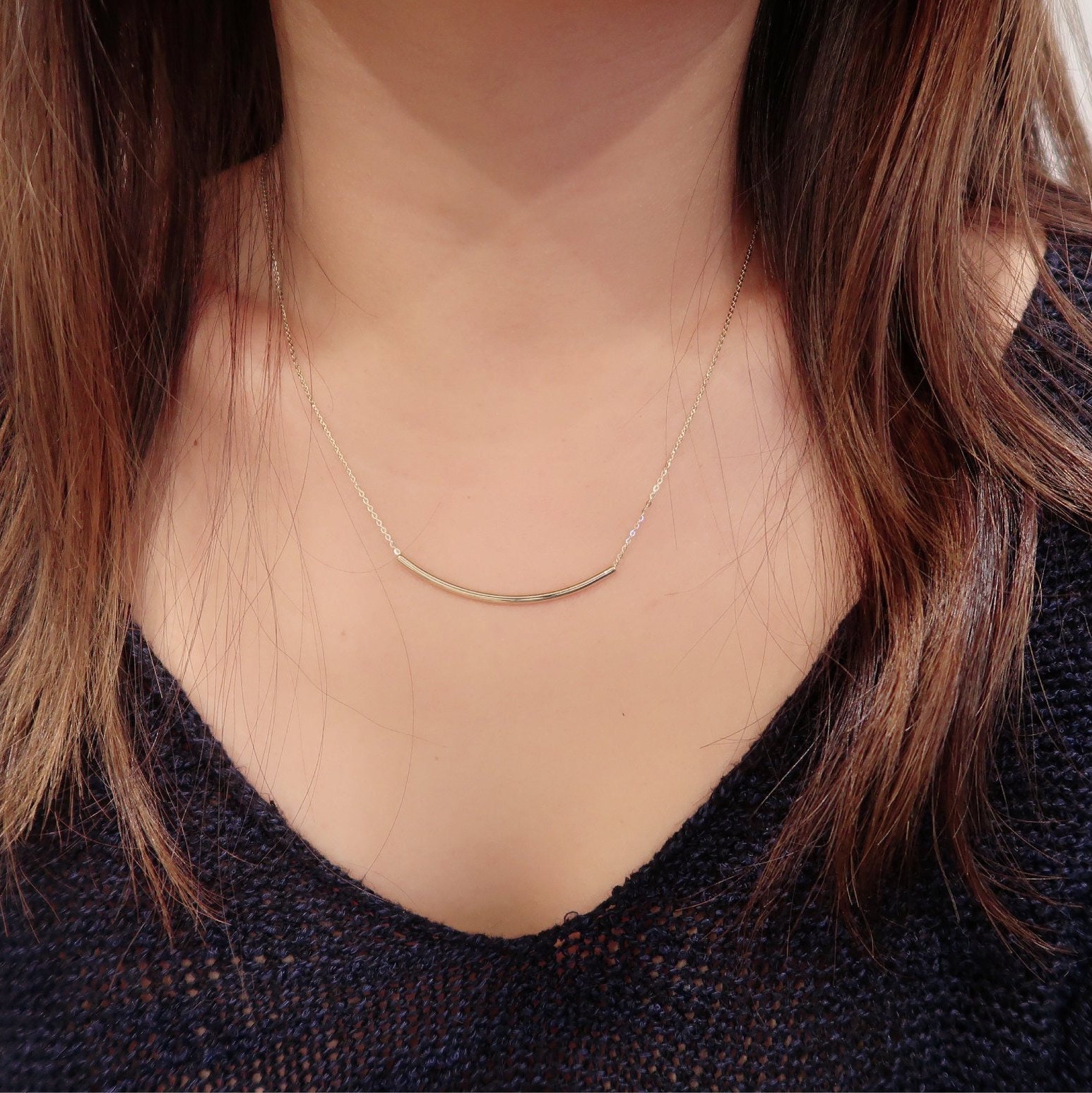 14K Solid Gold Simple Curved Bar Necklace Curved Tube Necklace Etsy